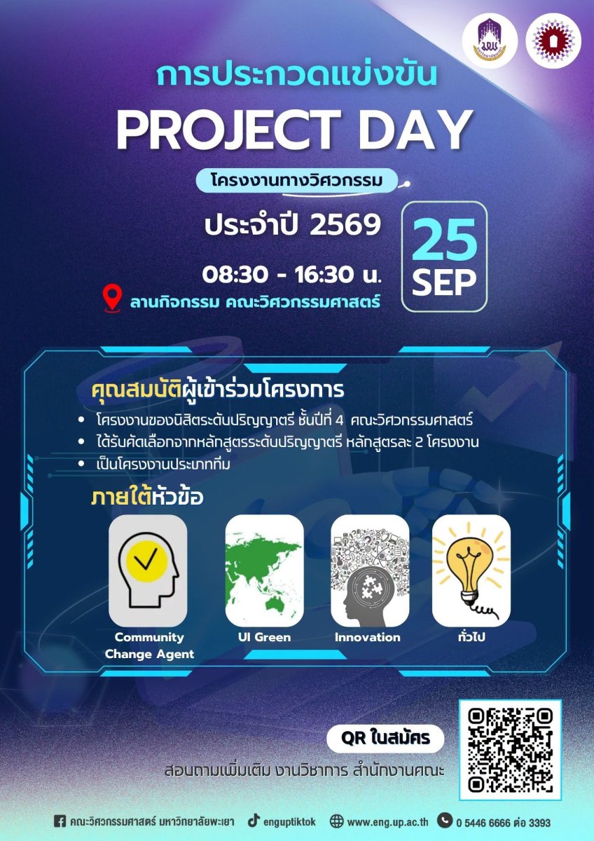 ขอเชิญนิสิตประกวดแข่งขันโครงงานนิสิตระดับปริญญาตรี คณะวิศวกรรมศาสตร์ ม.พะเยา ประจำปีการศึกษา 2569 (Project Day)