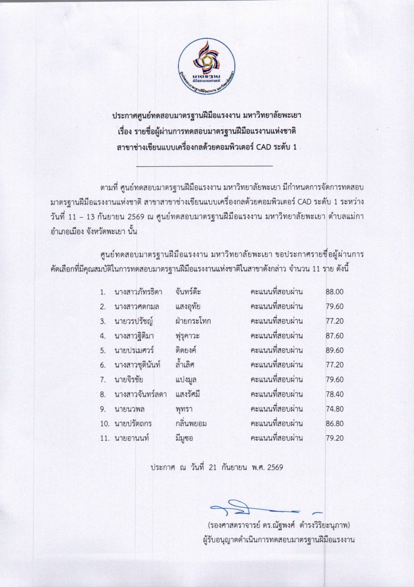 ประกาศศูนย์ทดสอบมาตรฐานฝีมือแรงงาน มหาวิทยาลัยพะเยา เรื่อง รายชื่อผู้ผ่านการทดสอบมาตรฐานฝีมือแรงานแห่งชาติ สาขาช่างเขียนแบบเครื่องกลด้วยคอมพิวเตอร์ CAD ระดับ 1